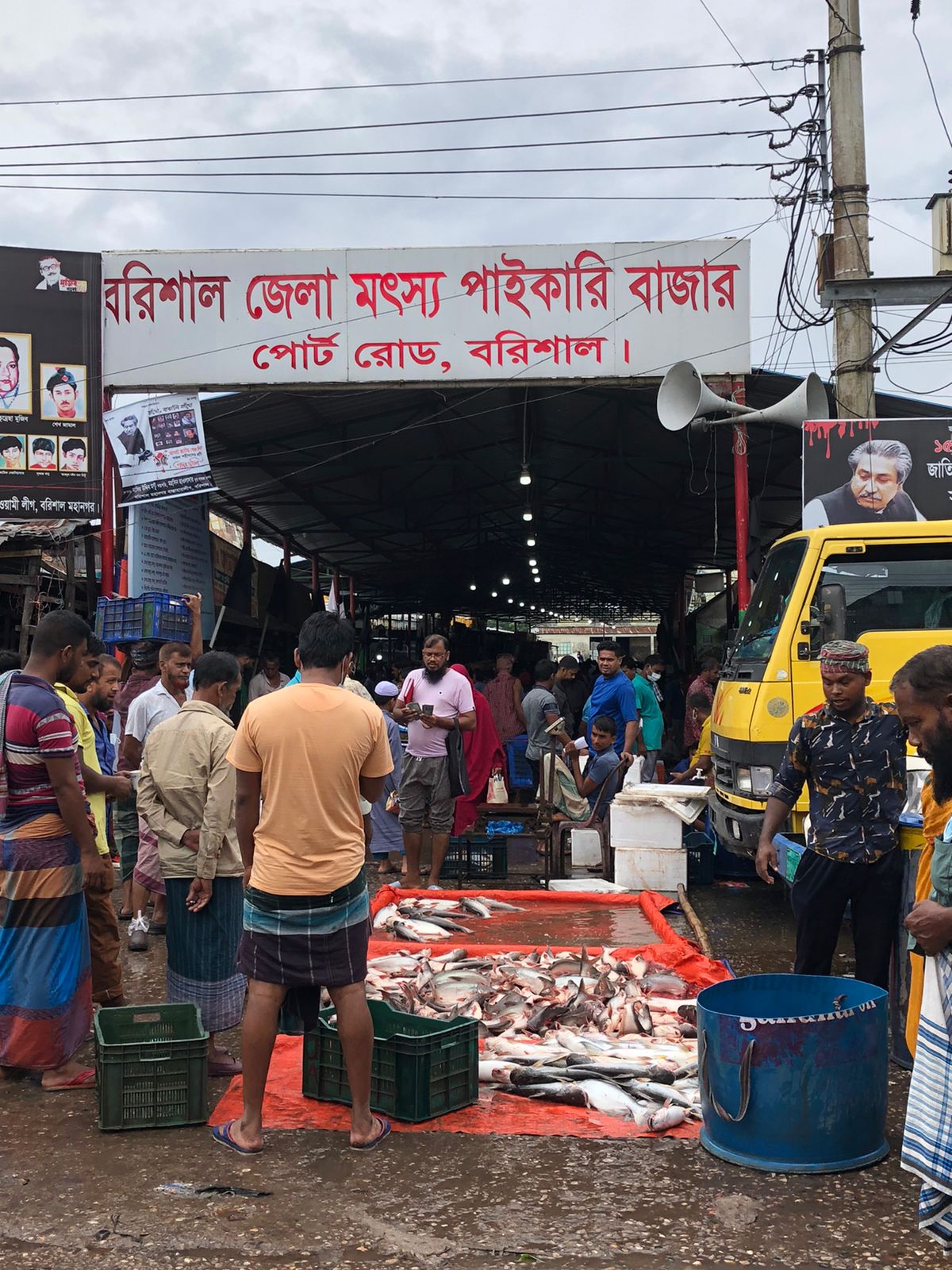 ইলিশের সবচেয়ে বড় মোকাম বরিশাল নগরীর পোর্ট রোড। স্থানীয় ও অভ্যন্তরীণ নদ-নদীর থেকে এখানে ইলিশ বেশি আসছে বলে জানিয়েছেন পাইকারি বিক্রেতারা। সোমবার সকালে পোর্ট রোড থেকে তোলা। ছবি: বাংলাদেশ টাইমস